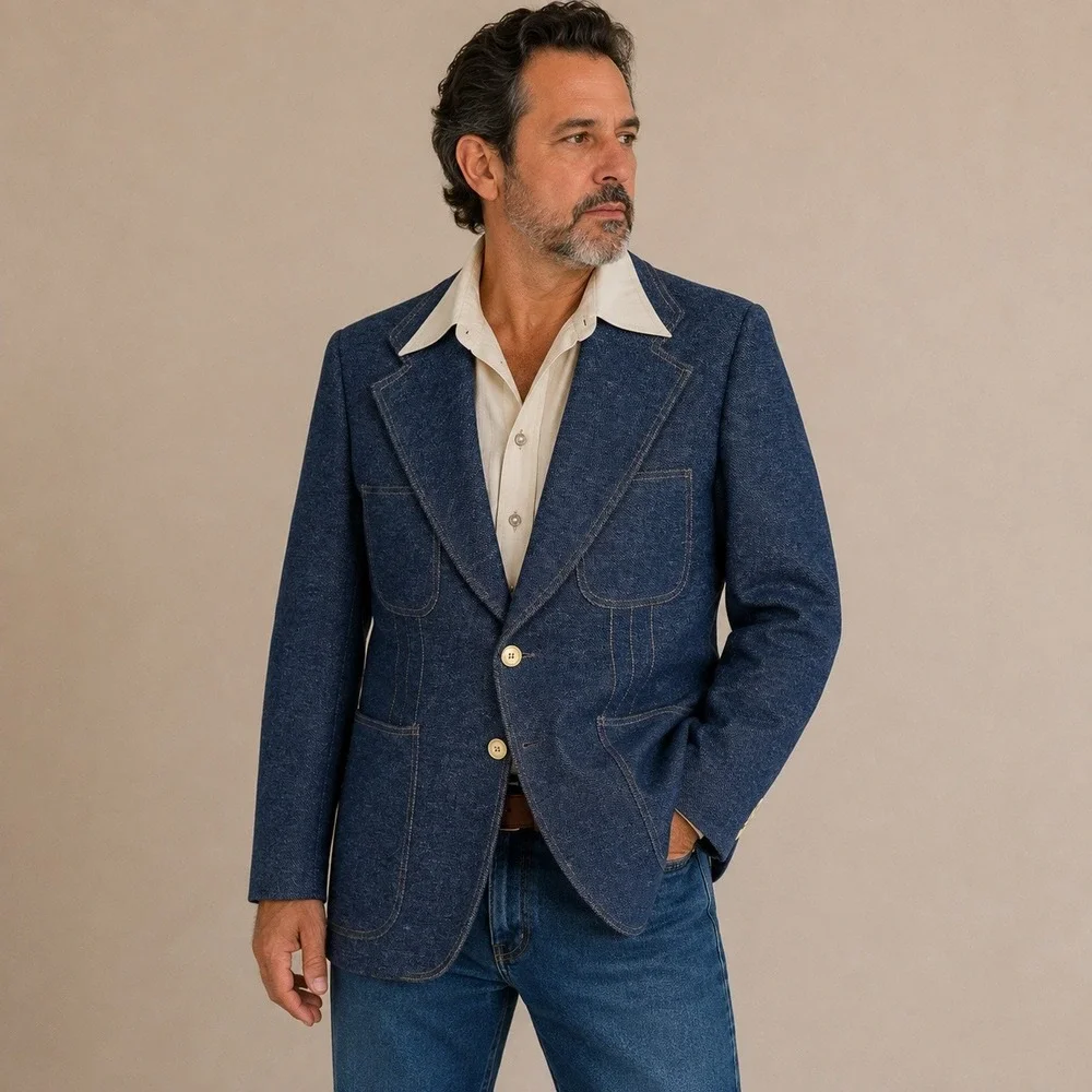 Vintage 60s 70s Western Sport Jacket Men's M Blue Polyester Denim Blazer